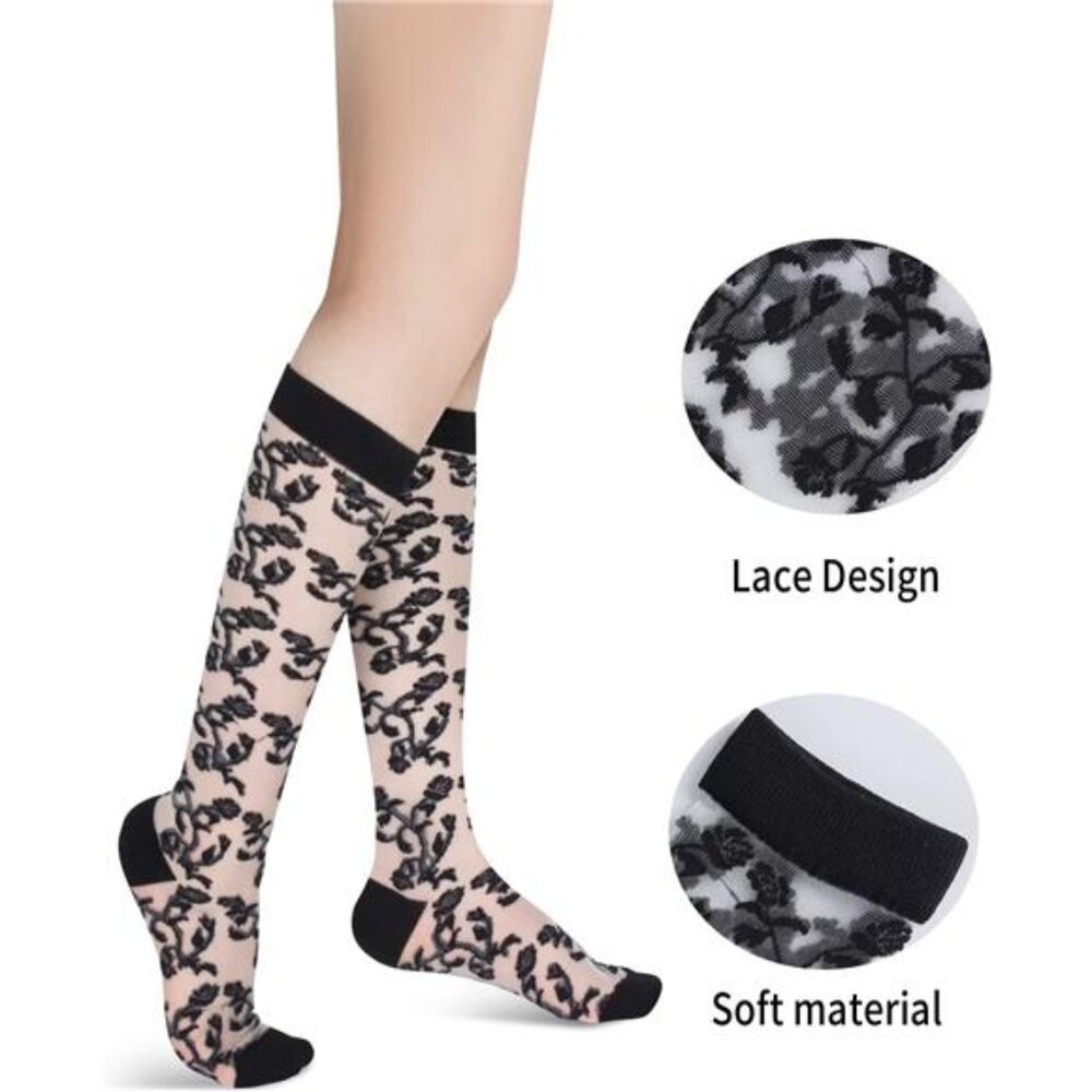 Sheer Knee High Socks Black flowers Stockings Nylon - Picture 6 of 7